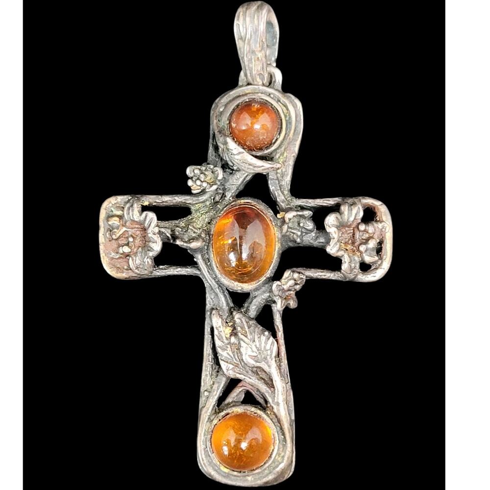 Retro Amber Silver Floral Cross Pendant‎ Vintage Eastern European Chic Statement